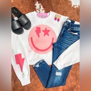 Women’s Gildan Pink Splatter Smiley Face Sweatshirt